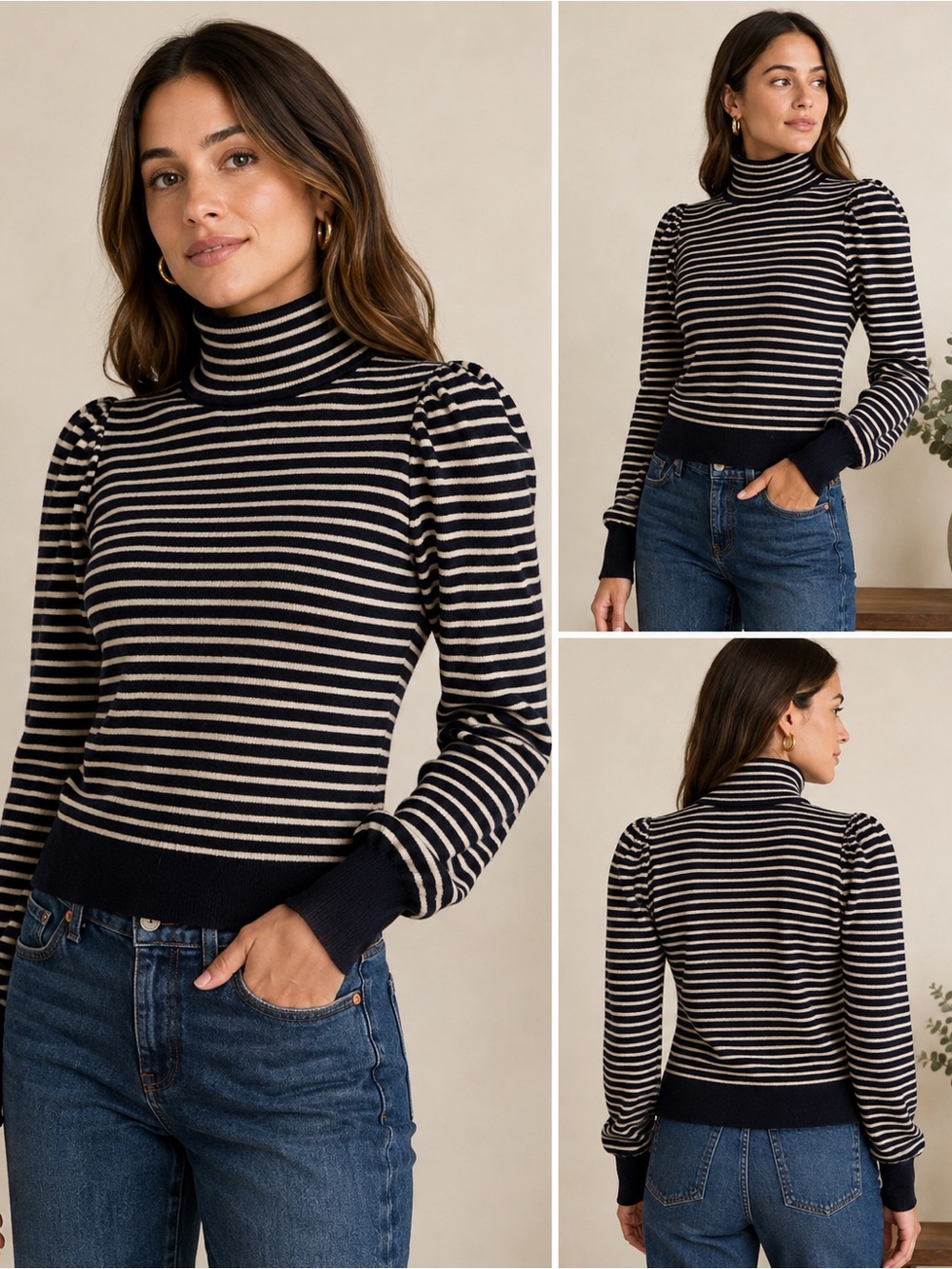 La Vie Rebecca Taylor Lambswool Striped Puff Sleeve Turtleneck S Like New